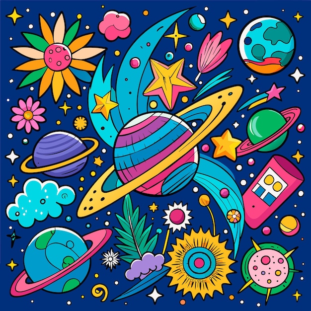 Vector a colorful space planets doodle cliparts