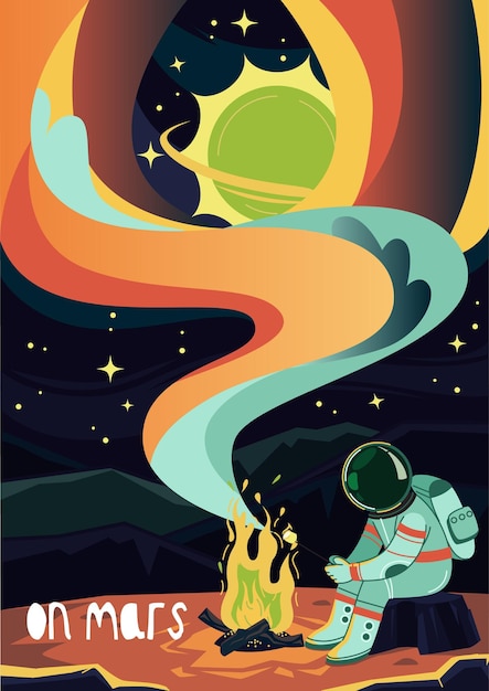 Vector colorful space poster colorful futuristic banner with astronaut sitting by fire on surface of planet