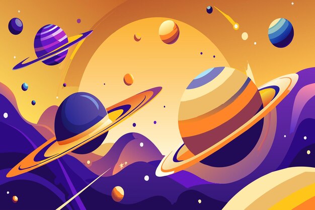 A colorful space scene with planets and a sun