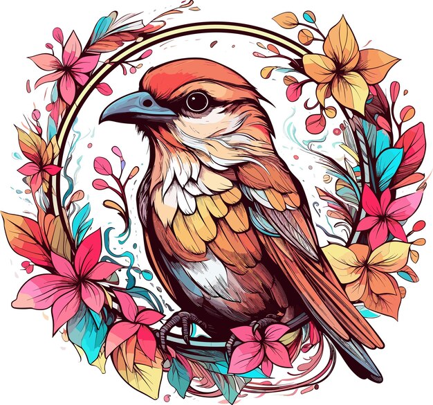 Colorful Sparrow Circle Tee A Fusion of Botanical Detail and Exotic 2D Game Art