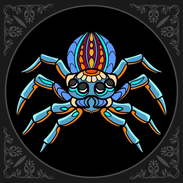 검은 배경에 고립 된 다채로운 거미 zentangle 예술
