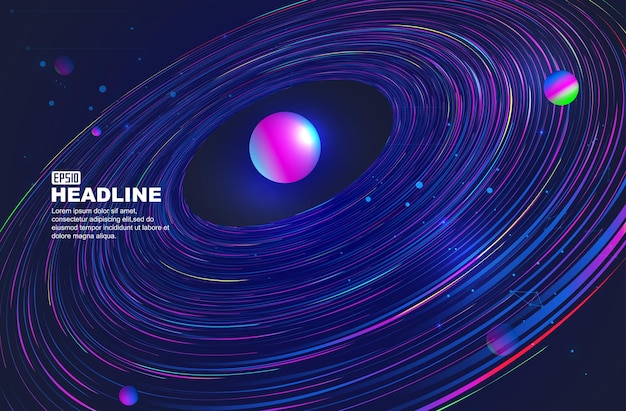 Bobine a spirale colorate pianeti e stelle sfondo vettoriale del post del festival di musica della tecnologia cosmica