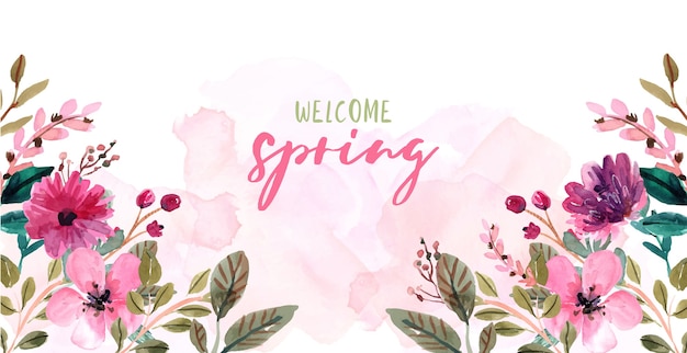 Colorful spring background with pink watercolor flowers frame