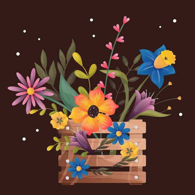 벡터 엽서 수선화 팬지 백합과 블루벨을 위한 나무 상자에 있는 다채로운 봄 꽃