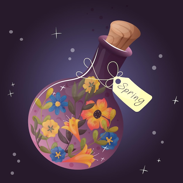 Vector colorful spring flowers in a magical bottle cute simple postcard with plant cork stoppered flask