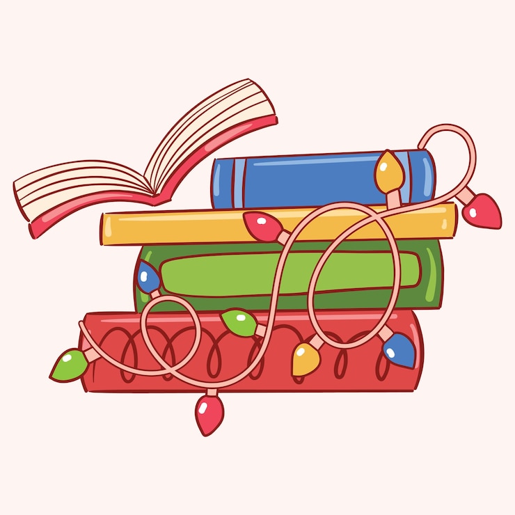 Вектор красочная стопка книг, покрытая праздничными огнями.