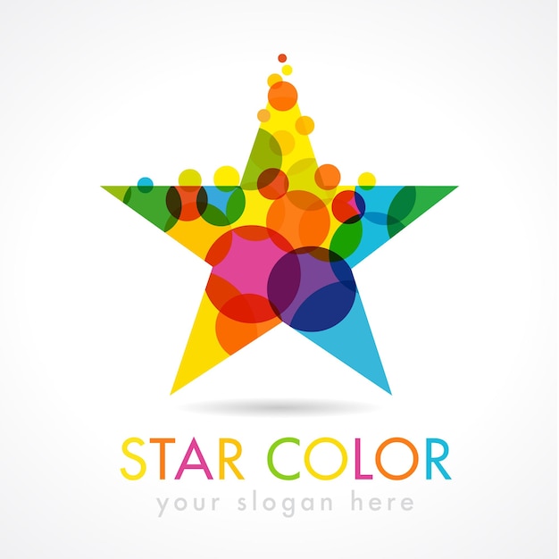 Colorful star shape logo. Colorful art style logotype with drops and bubbles bunch.