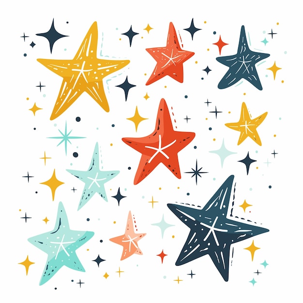 Vector colorful star shapes scattered across design starry pattern various star illustrations playful