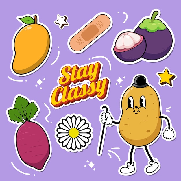 Vector colorful sticker doodle, fun sticker, healthy doodle, fruits and vegetables icon, vintage sticker