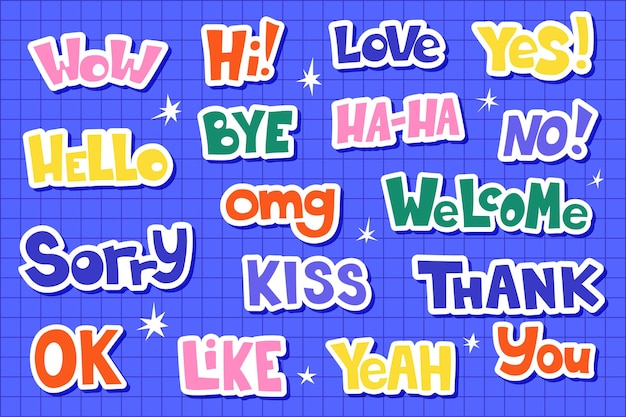 colorful sticker style words with bold typography on a blue background social media messaging apps