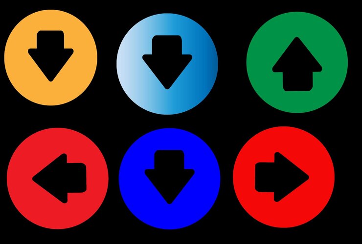 Vector a colorful sticker that has a blue green and red circle with a arrow pointing up