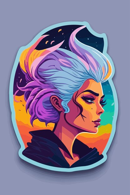 A colorful sticker of a woman with a purple hair and a purple and orange hair.