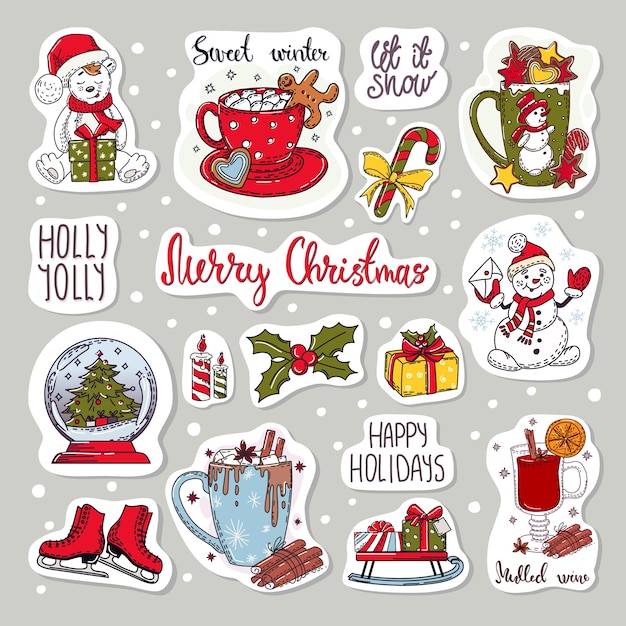 Colorful stickers set of icons. christmas and new year elements.