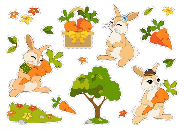 Colorful stickers set with rabbits in a hat and T-shirt, flowers, carrots in a basket isolated on white background.