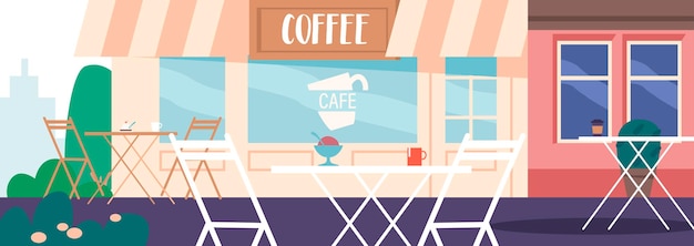 Colorful Street Cafe Facade With Outdoor Seating Cozy And Inviting Atmosphere of Coffee Shop with Chairs and Tables