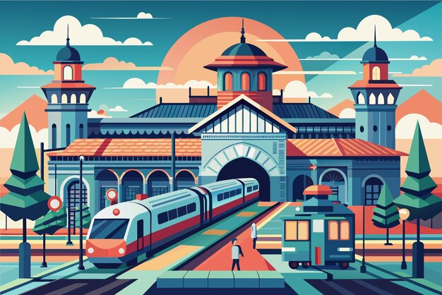 Vector colorful stylized illustration of a bustling train station with a modern red train arriving and an oldfashioned green tram departing framed by historical buildings with domes and towers