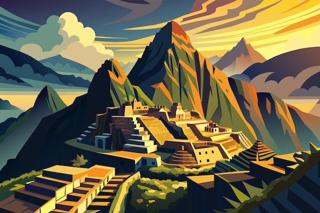 Вектор Красочная стилизованная иллюстрация древнего города на вершине горы с террасовой архитектурой, окруженной острыми вершинами и драматическим небом на закате