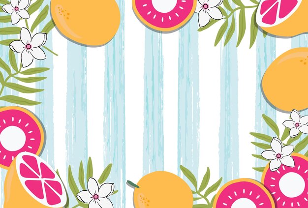 Colorful summer background with hand drawn lemon and leaves