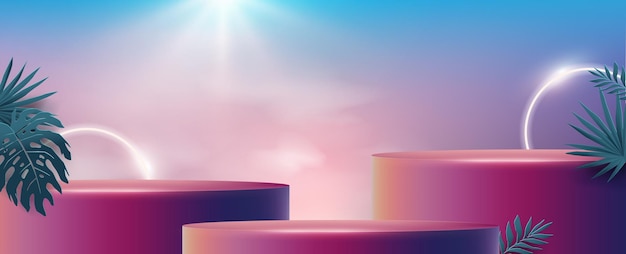 벡터 열 대 제품 디스플레이 원통형 모양으로 다채로운 여름 배너