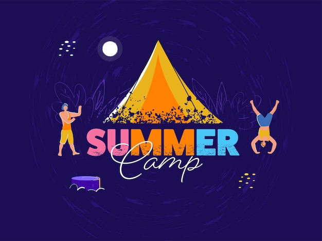 Colorful summer camp font with brush texture tent and cartoon men dancing on purple background.