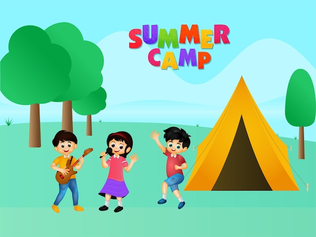 Colorful summer camp text with cartoon kids enjoying and tent illustration on green nature background.