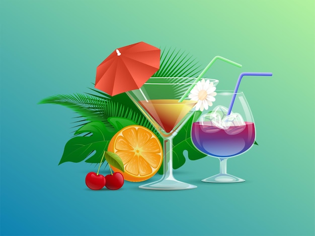 Colorful summer cocktails decorated with straws flowers and cocktail umbrellas