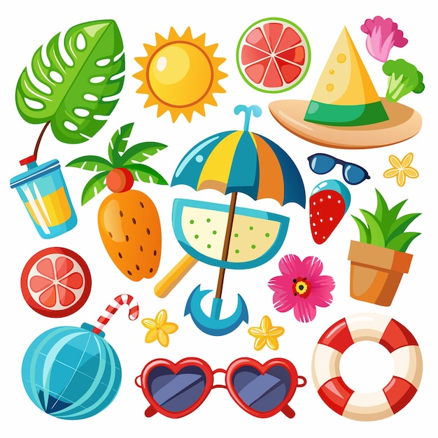 Vector colorful summer icons including sun watermelon pineapple leaves beach ball sunglasses and more