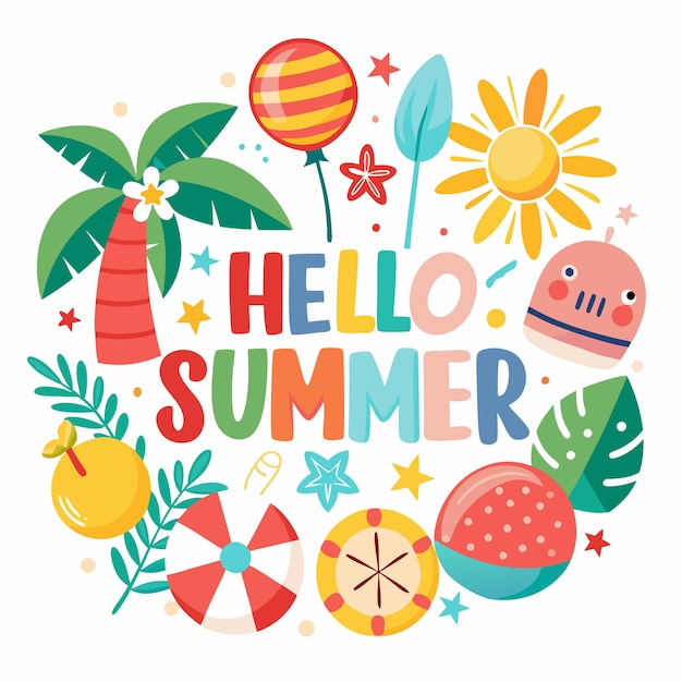 Vector colorful summer illustration with palm tree sun and watermelon