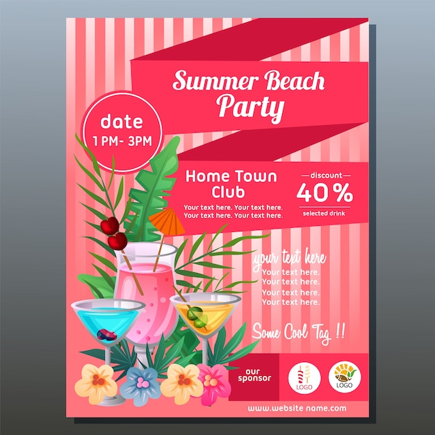 Vector colorful summer party poster with tropical cocktail drink vector illustration