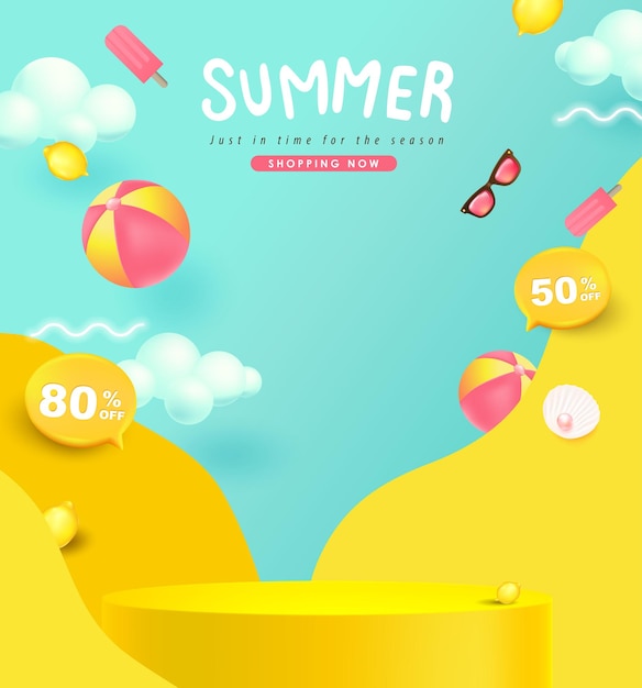 Colorful summer sale banner with product display cylindrical shape