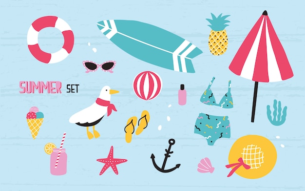 Colorful summer set with hand drawn elements pineapple, ice cream, seagull, surfboard, ball, swimwear, hat, beach umbrella, sunglasses, lifebuoy, starfish, drink, flip flops, anchor.