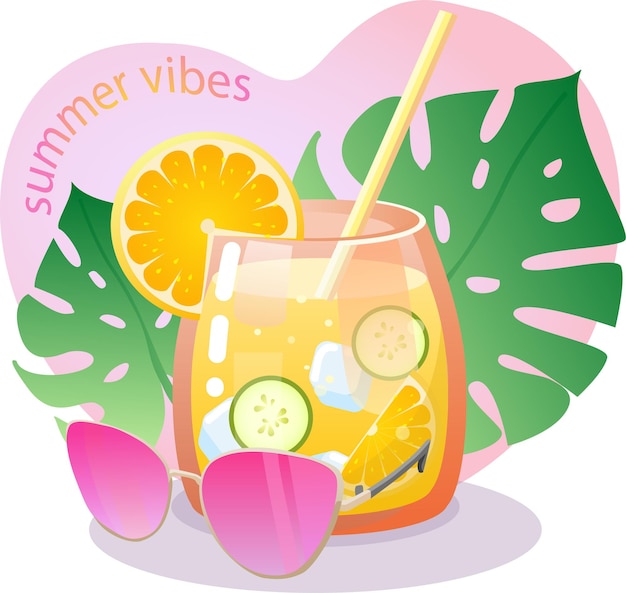 カラフルな背景にトレンディなスタイルのカラフルな夏の雰囲気のビーチレモネードglassesmonstera