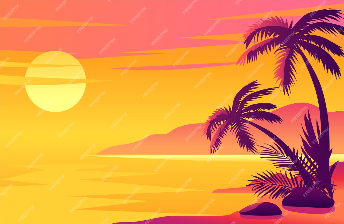 Premium Vector | Colorful sun set on the tropical beachisland with palms