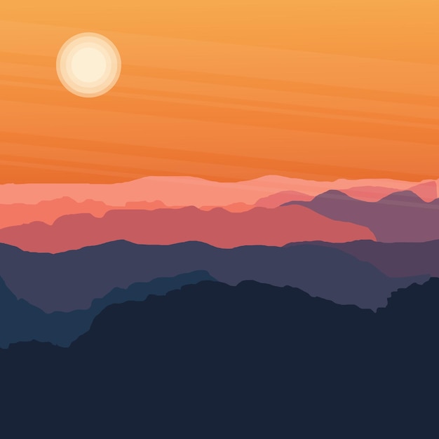 Vector a colorful sunset over the mountains with a blue sky and orange sun