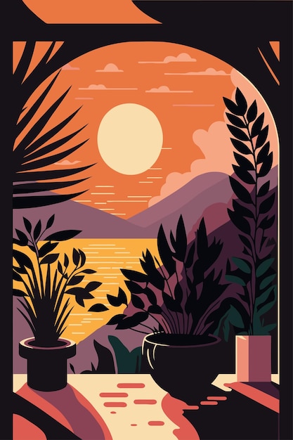 colorful sunset on the ocean background in flat color vector flat color