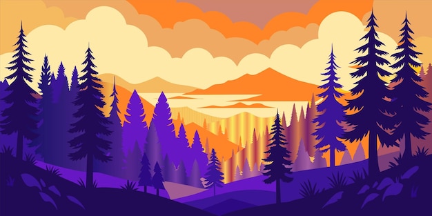 a colorful sunset with trees and mountains in the background
