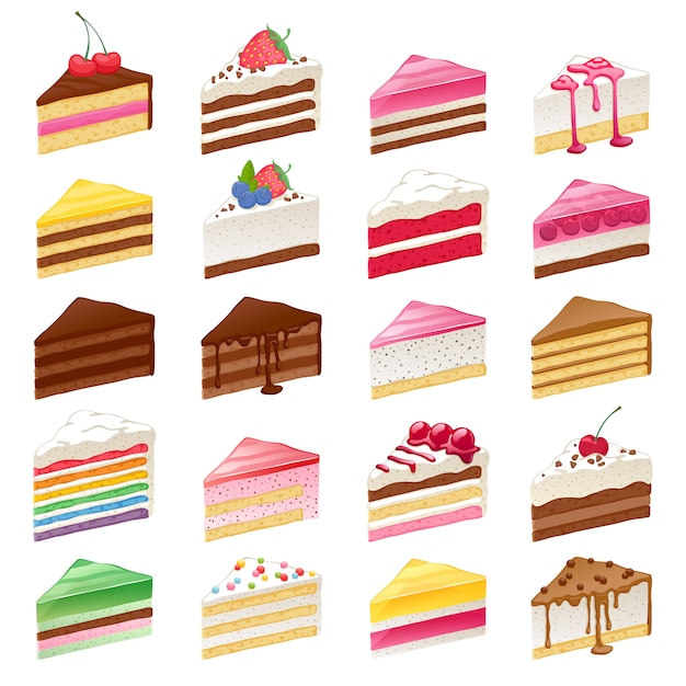 Colorful sweet cakes slices set  illustration.