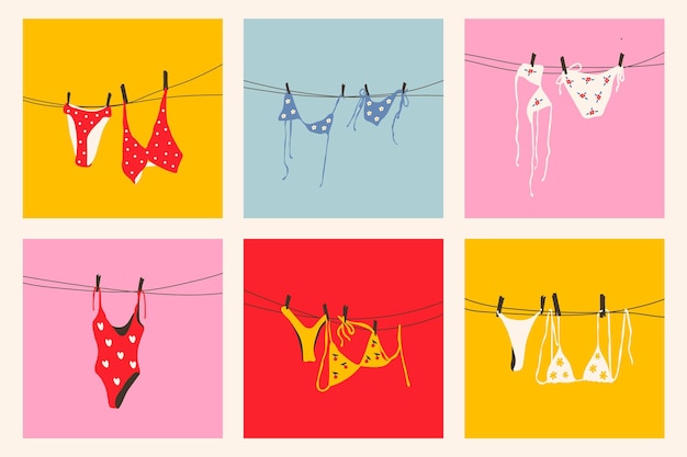 colorful swimwear hanging on clothesline summer vibes