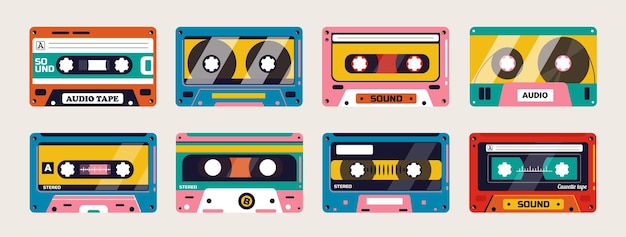 Vector colorful tape cassette vintage analog audio tape with magnetic label retro 80s cassette with stereo sound vector collection of old audio stereo illustration