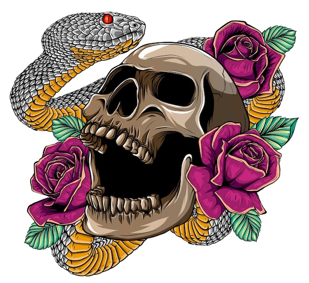 Colorful Tattoo design with skull roses and snake Vector illustration