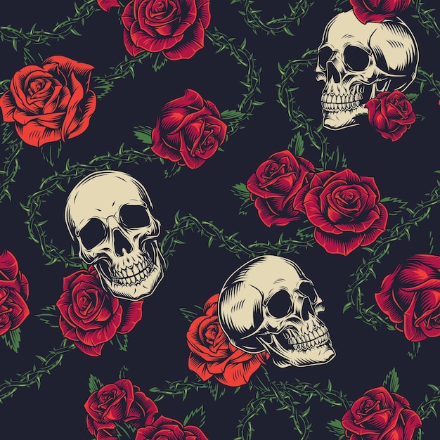 Vector colorful tattoos seamless pattern with flowers, skulls and barbed wire on dark background