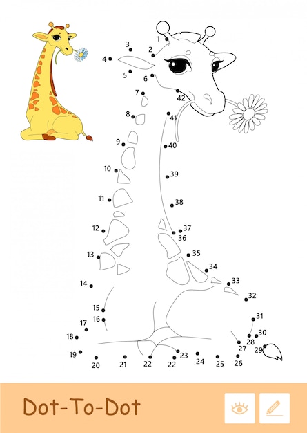 Modello colorato e giraffa punto-punto di contorno incolore isolata su bianco. animali in età prescolare, mammiferi ed erbivori bambini in età prescolare illustrazioni di libri da colorare e attività di sviluppo.