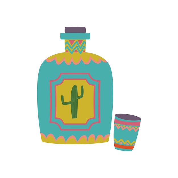 Colorful tequila bottle with cartoon vector Illustration on a white background