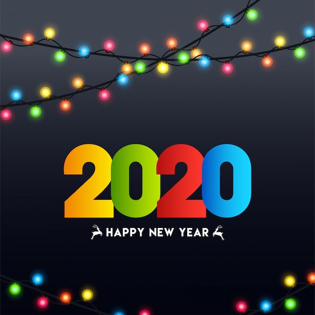 Colorful text 2020 Happy New Year on black decorated with lighting garland.