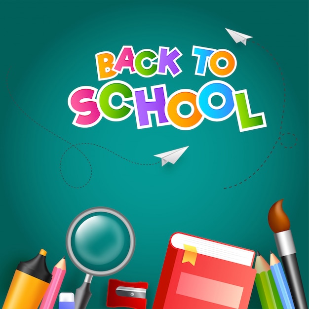colorful text back to school with paper plane and education supp