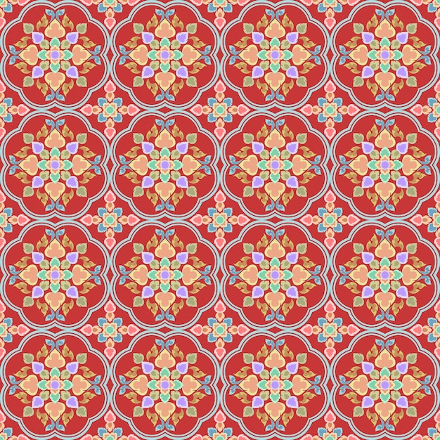 Colorful thai art seamless pattern in red tone wallpaper.