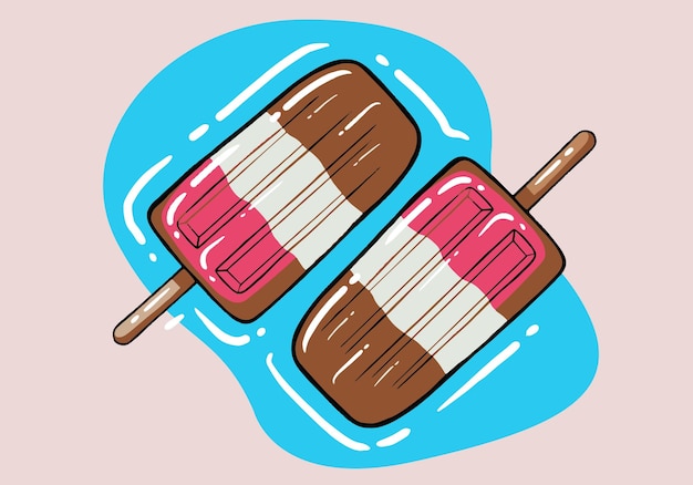 벡터 격리에 다채로운 3 줄무늬 아이스 캔디입니다. 막대기에 아이스크림. 손으로 그린 귀여운 아이스크림 벡터