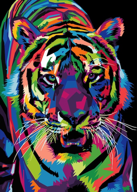 Testa di tigre colorata in stile pop art isolata con sfondo nero