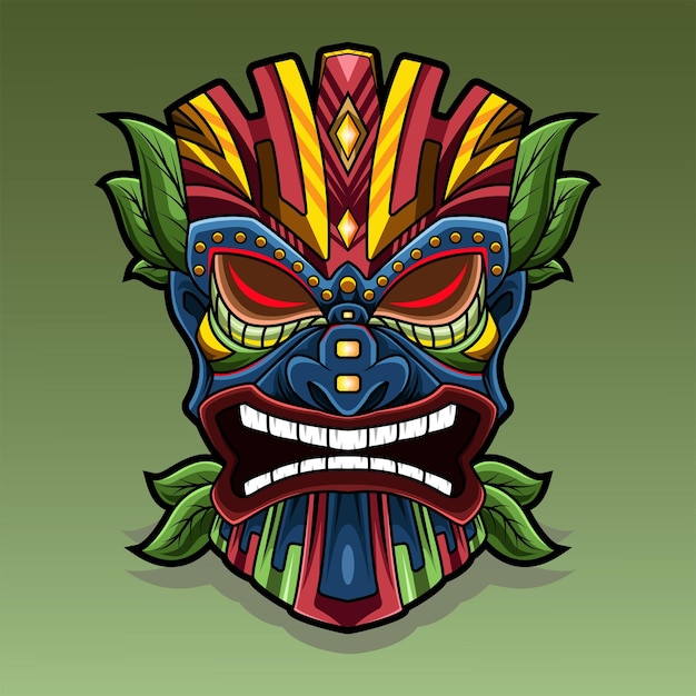 A colorful tiki mask with green leaves on it.