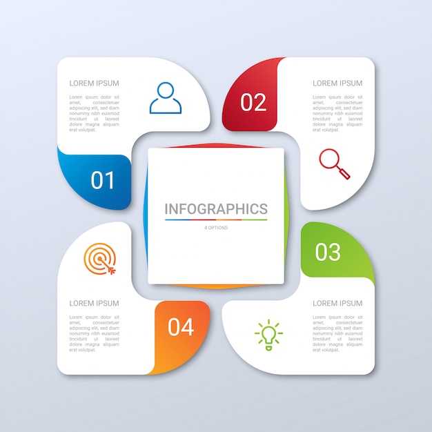 Modello infographic di cronologia variopinta con 4 punti su fondo grigio, illustrazione